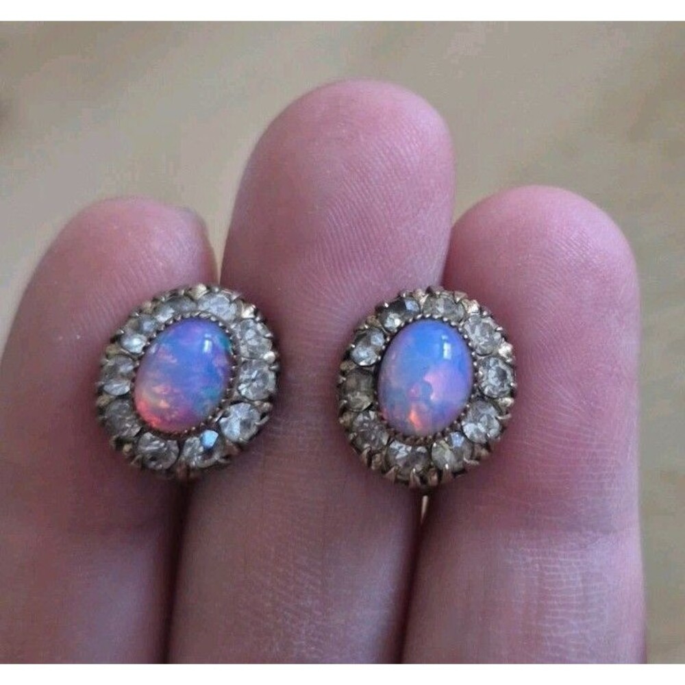 Vintage Vargas Screw Back Earrings Opal & Clear Gem Oval